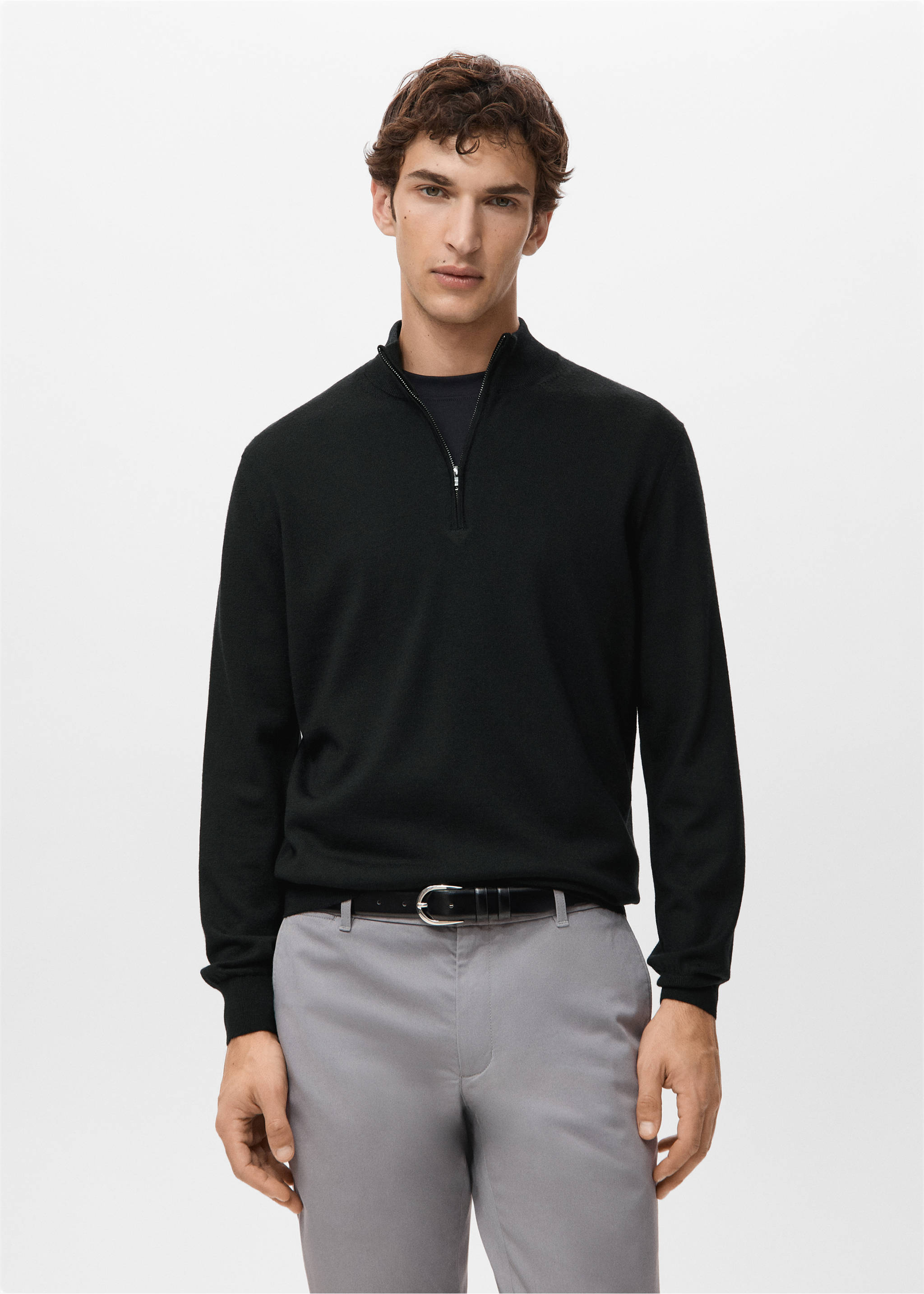 100% merino wool zip-neck sweater - Medium plane, Black. Ref: 27041285-00.