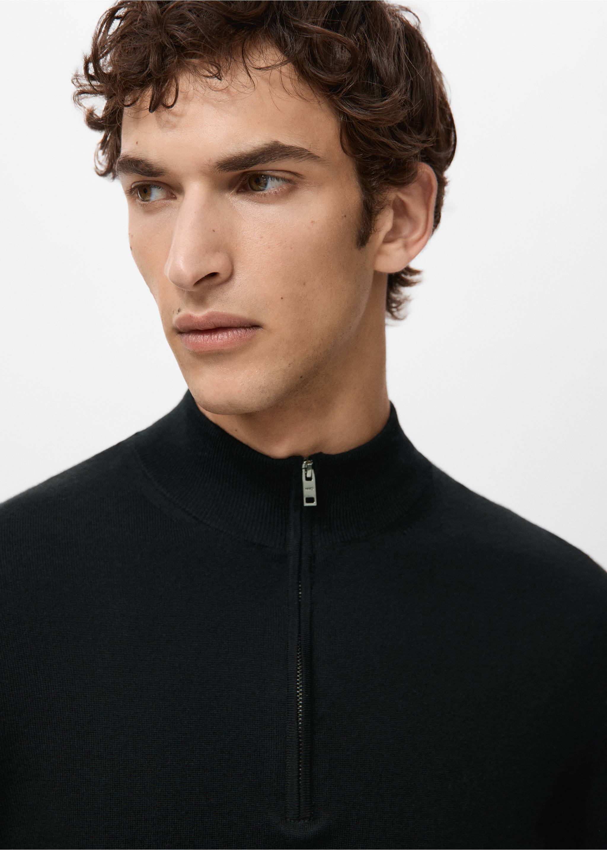 100% merino wool zip-neck sweater - Details of the article 1, Black. Ref: 27041285-00.