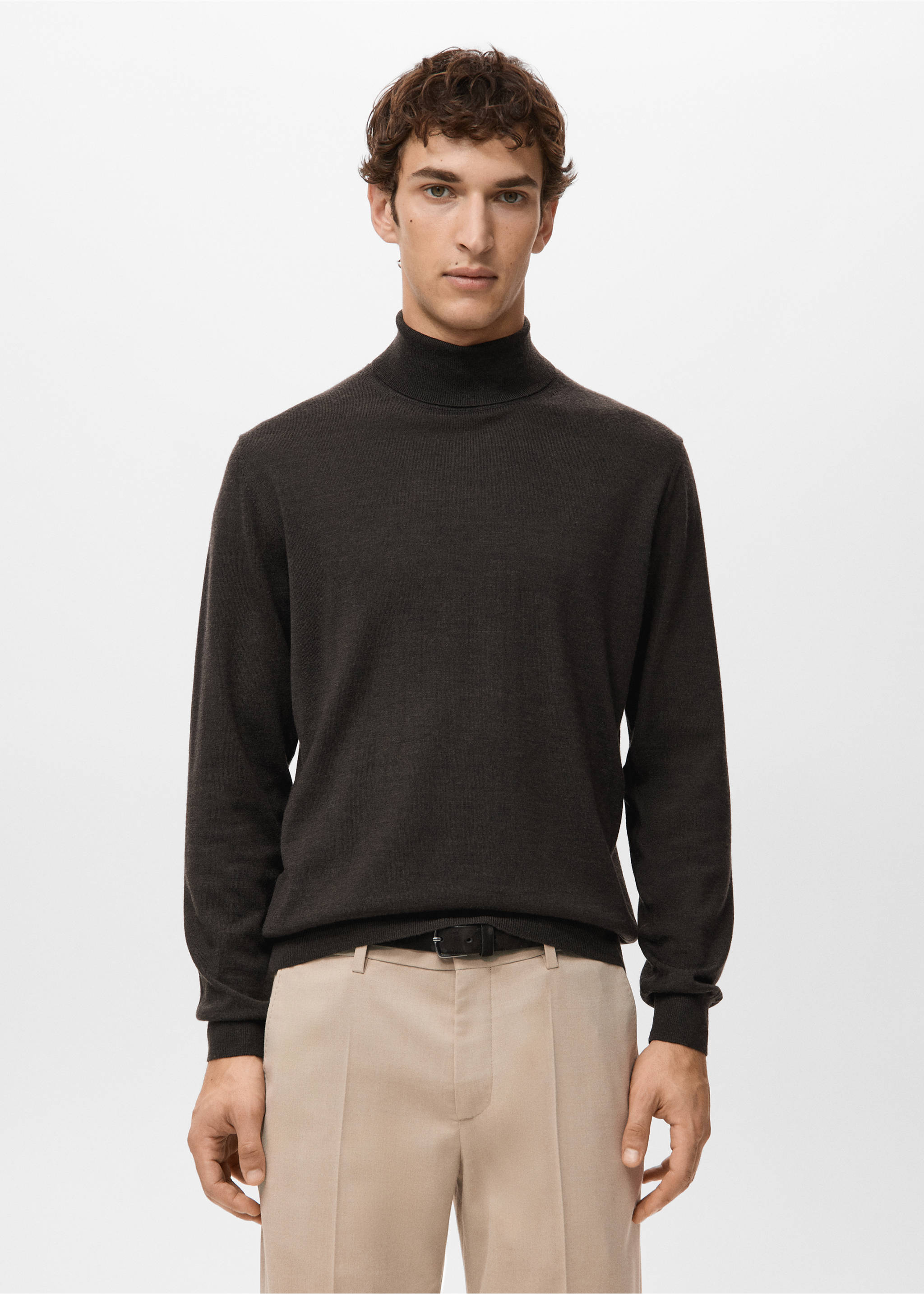 100% merino wool roll neck jumper - Medium plane, Chocolate. Ref: 27041286-00.