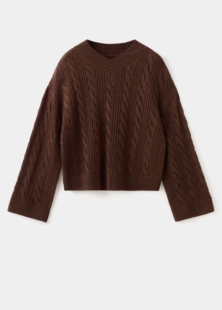 V-neck braided sweater — Brown