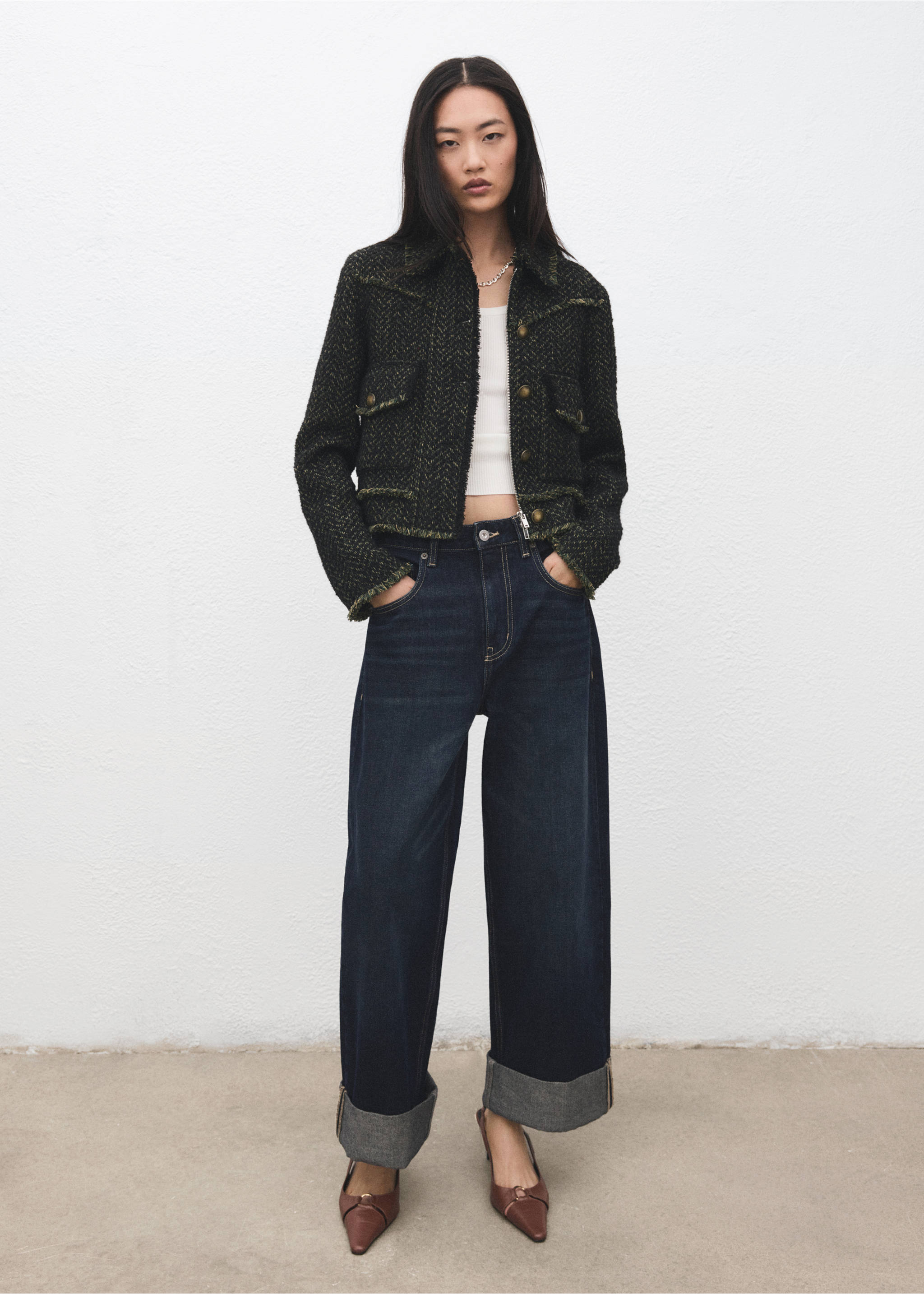 Veste tweed col à revers - Plan général, Vert. Ref: 27041323-00.