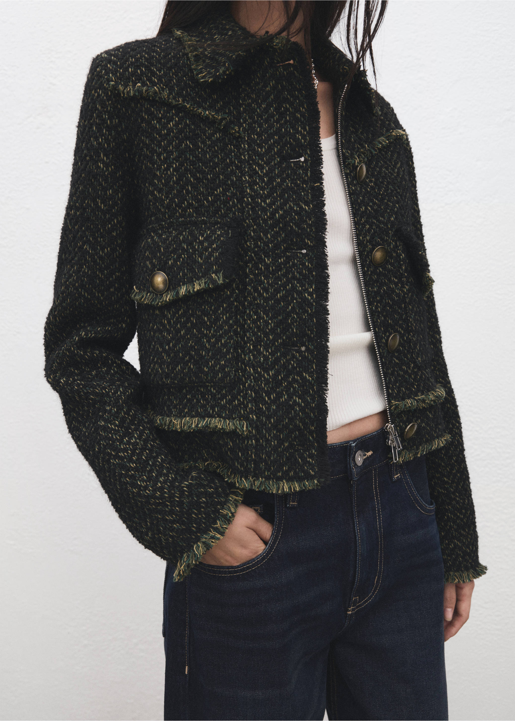 Veste tweed col à revers - Détail de l'article 6, Vert. Ref: 27041323-00.