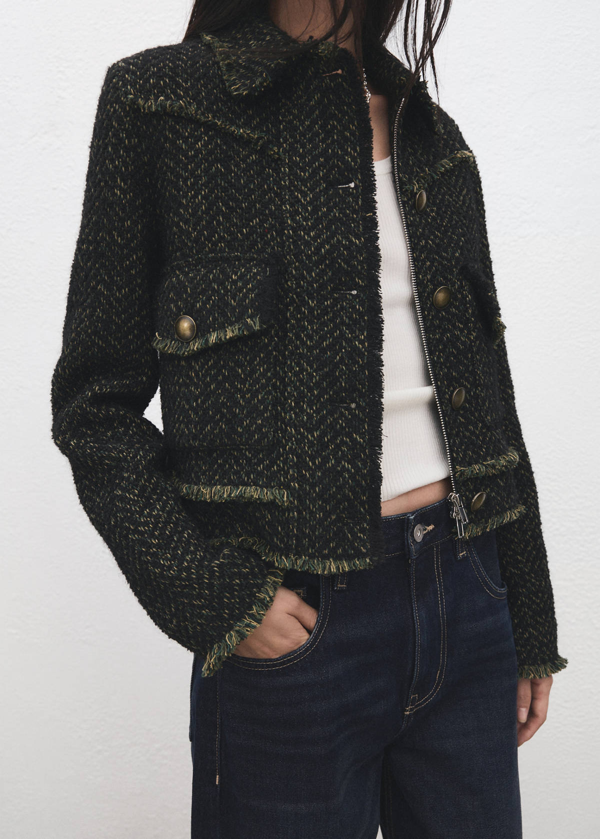 Tweed jacket with notched lapel collar — Green