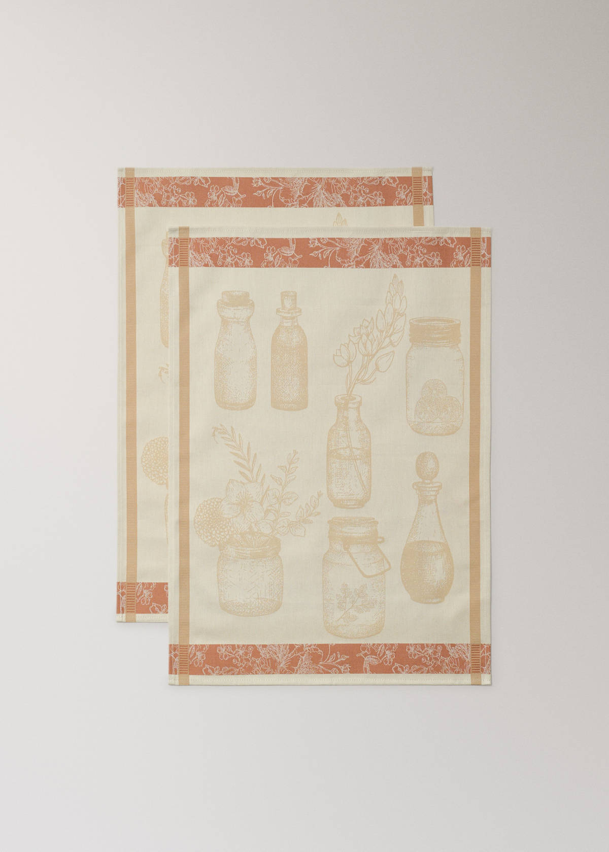Jacquard cotton kitchen tea towels with floral design — Peach