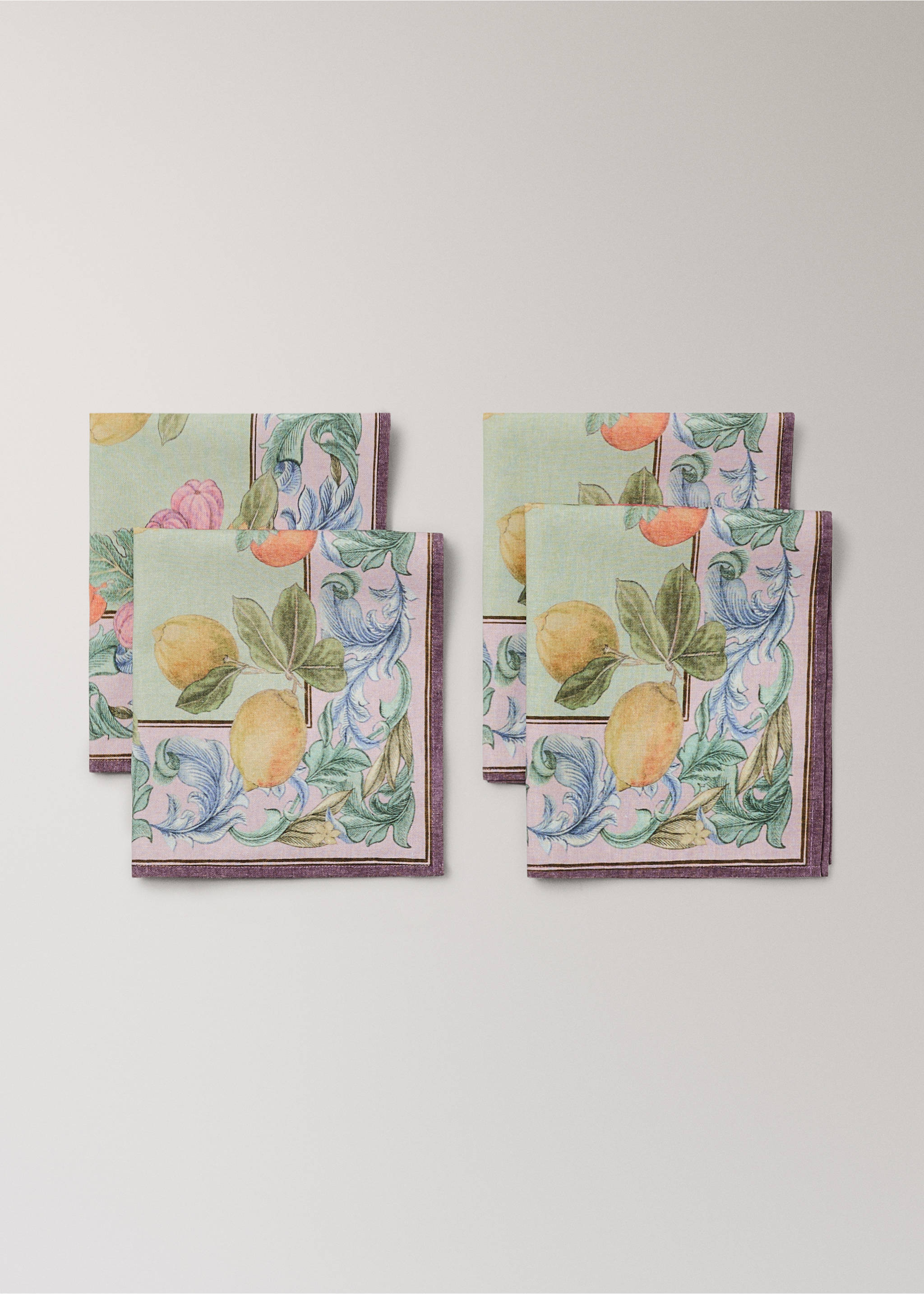 Fruktmønstrede servietter i bomull og lin - Artikkeldetalj 1, Grønn. Ref: 27041534-00.