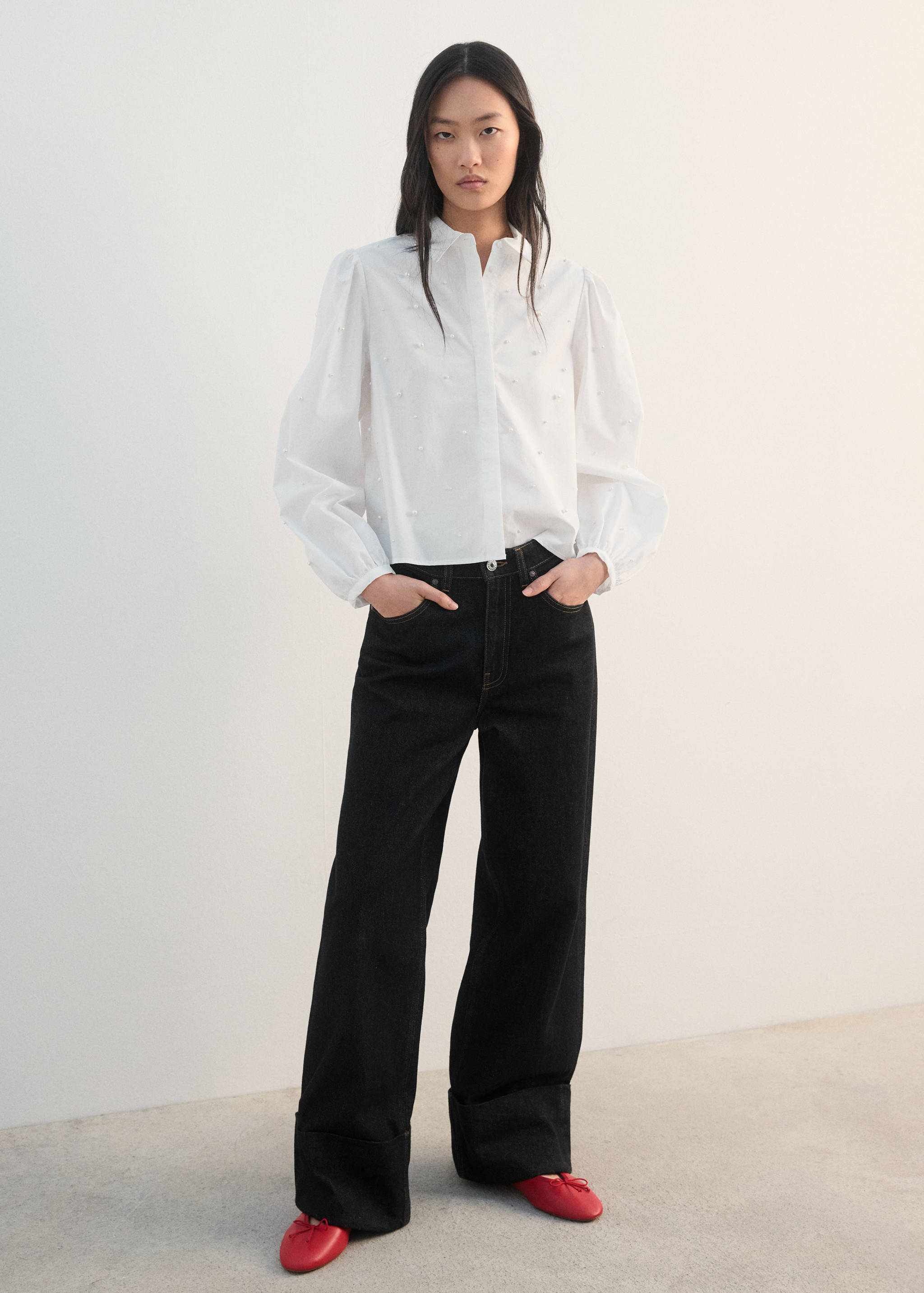 珍珠泡泡袖衬衫 - null