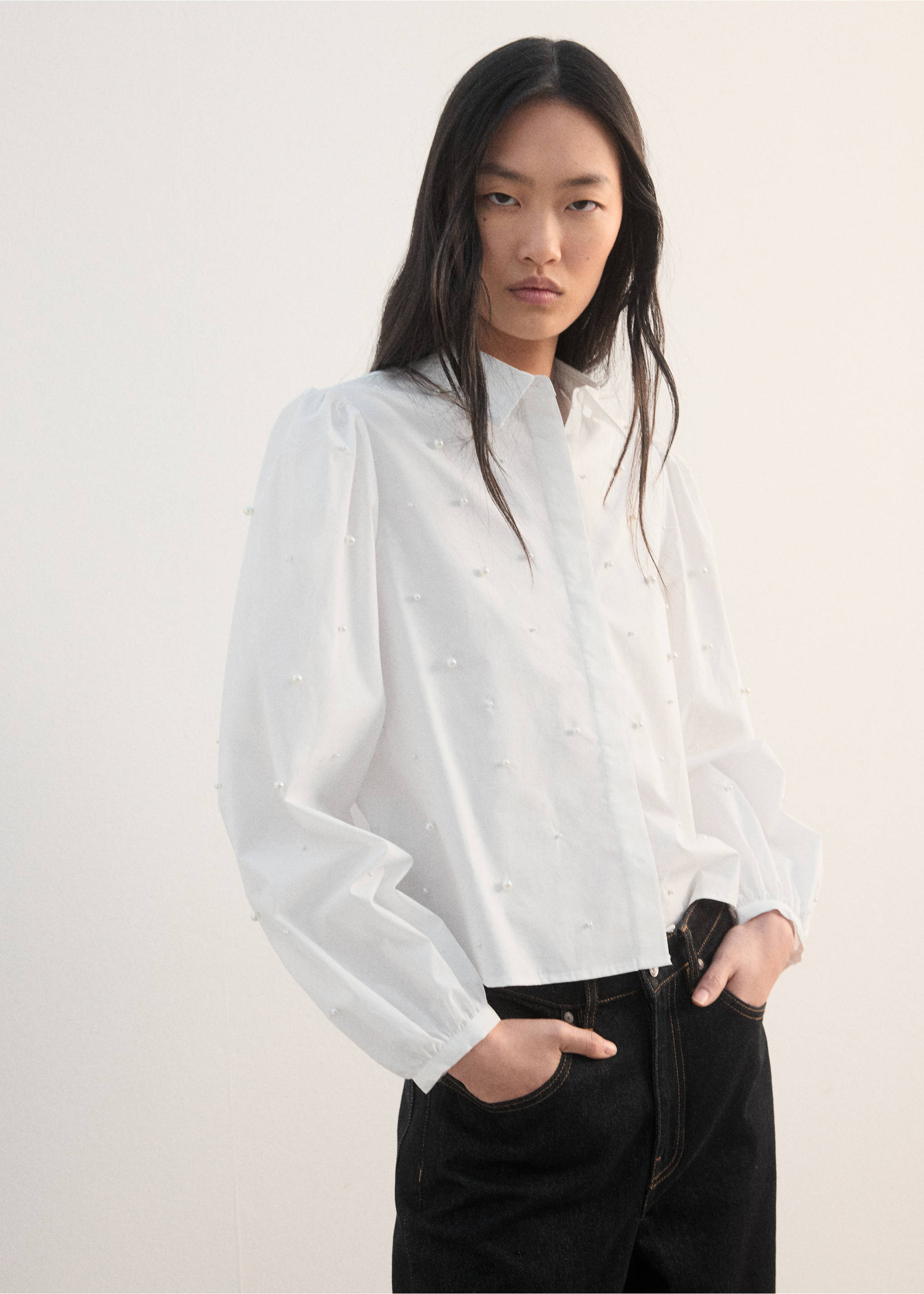 珍珠泡泡袖衬衫 - null, 白色. Ref: 27042540-00.