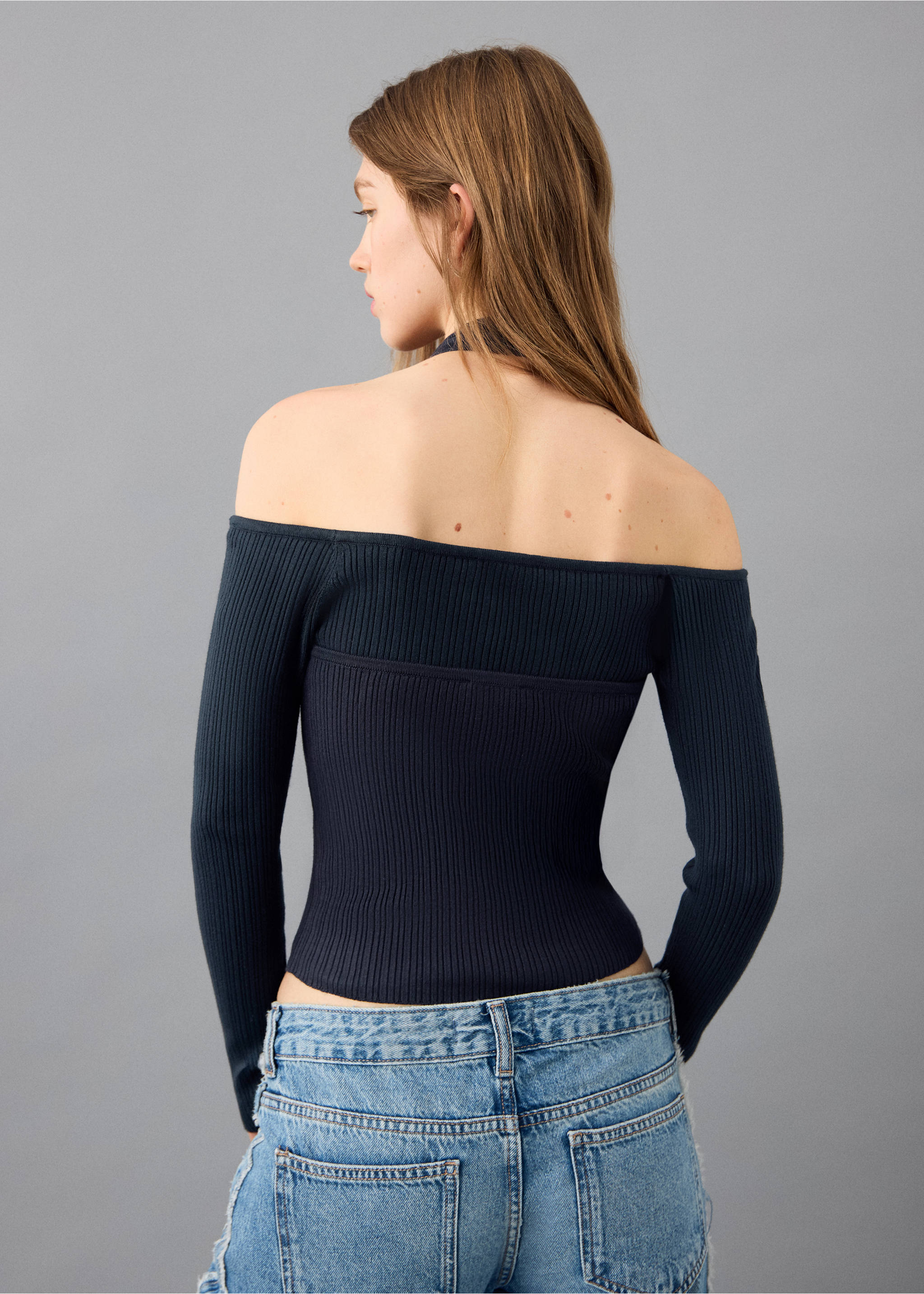 Long-sleeved halter-neck top - Reverse of the article, Navy. Ref: 27042553-00.