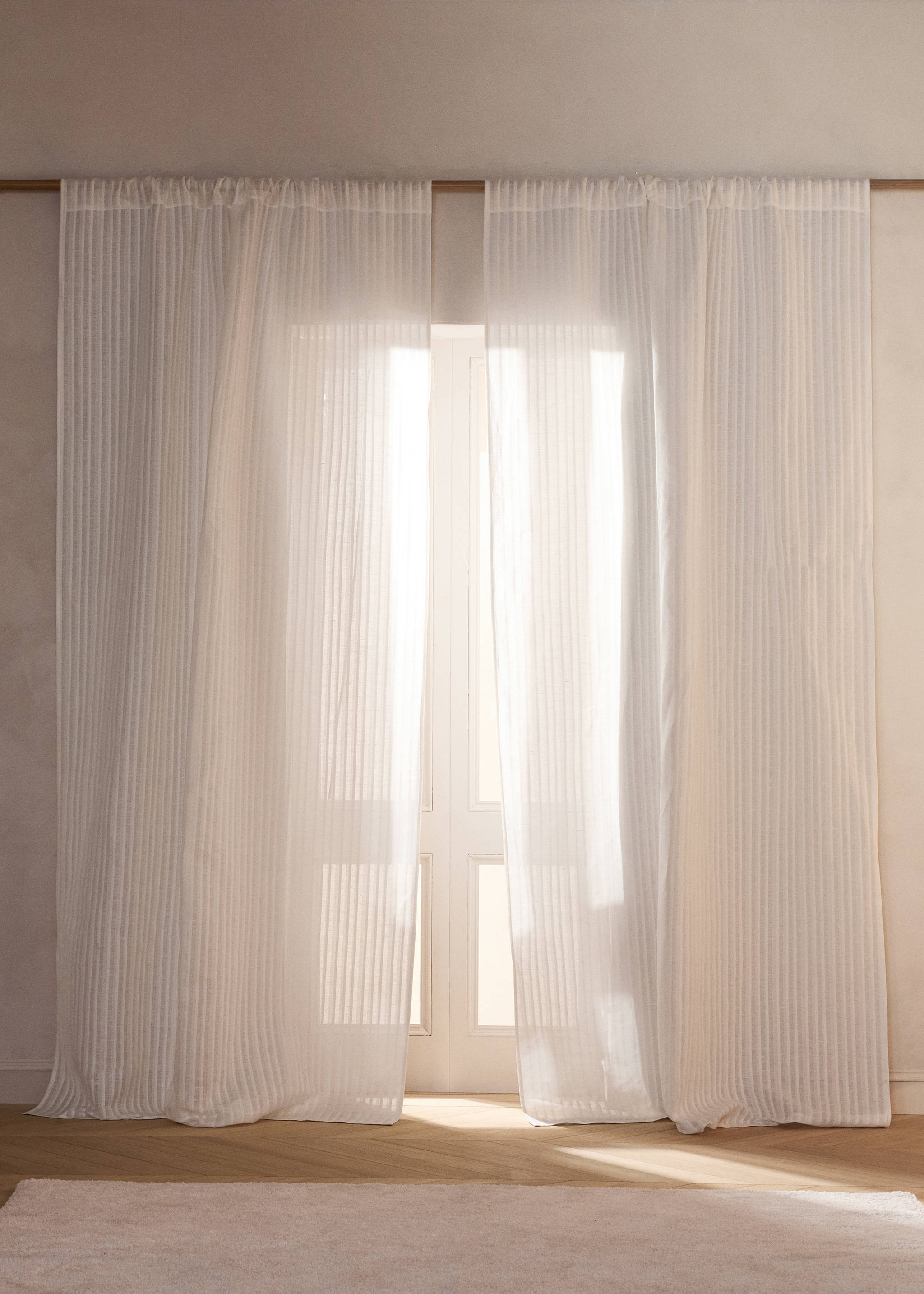 Linen cotton striped curtain with medium opacity - General plane, Ecru. Ref: 27043270-00.