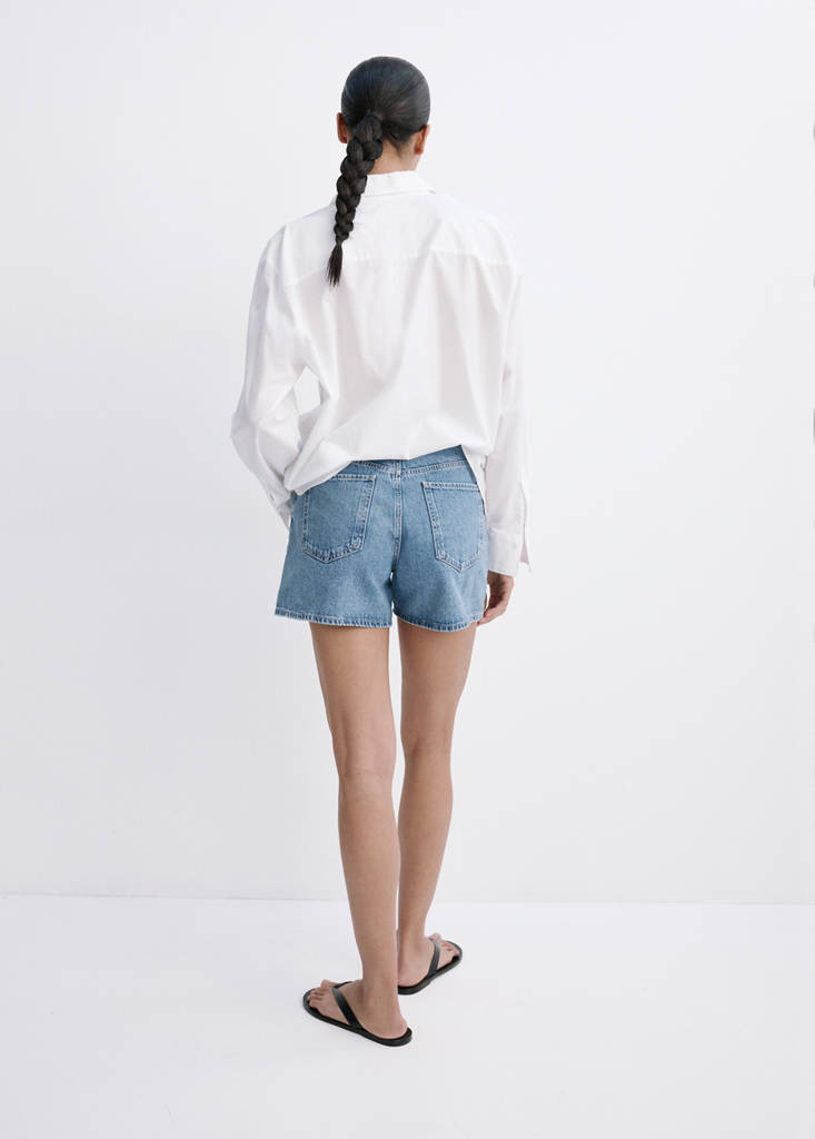 High-waisted straight-fit denim shorts — Medium Blue
