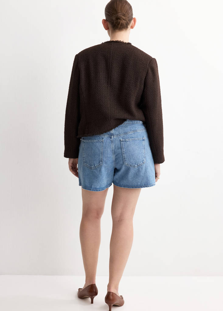High-waisted straight-fit denim shorts — Medium Blue