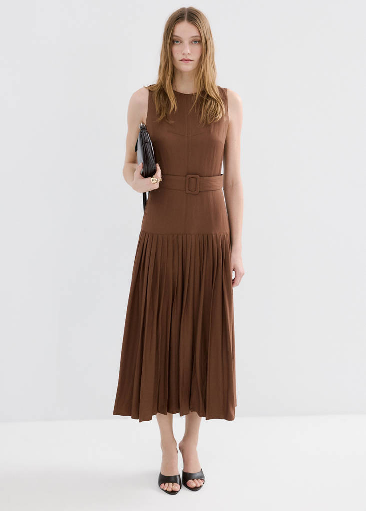 Pleated A-line dress — Brown