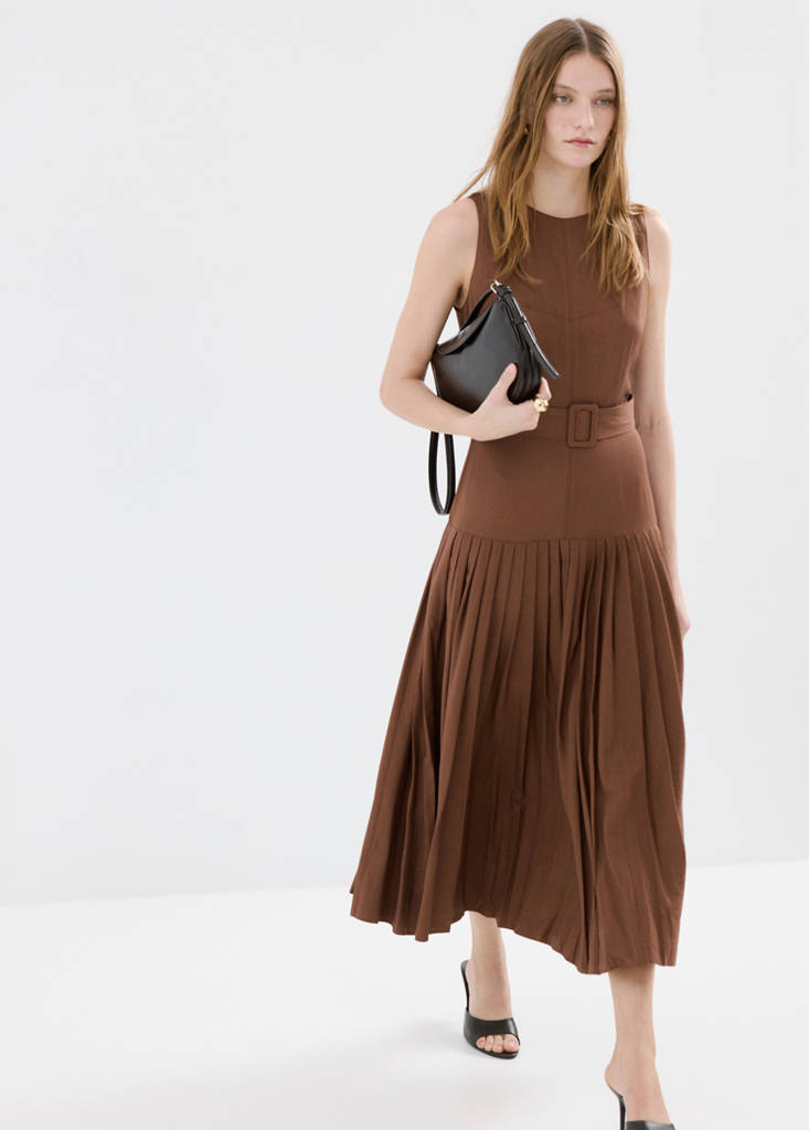 Pleated A-line dress — Brown