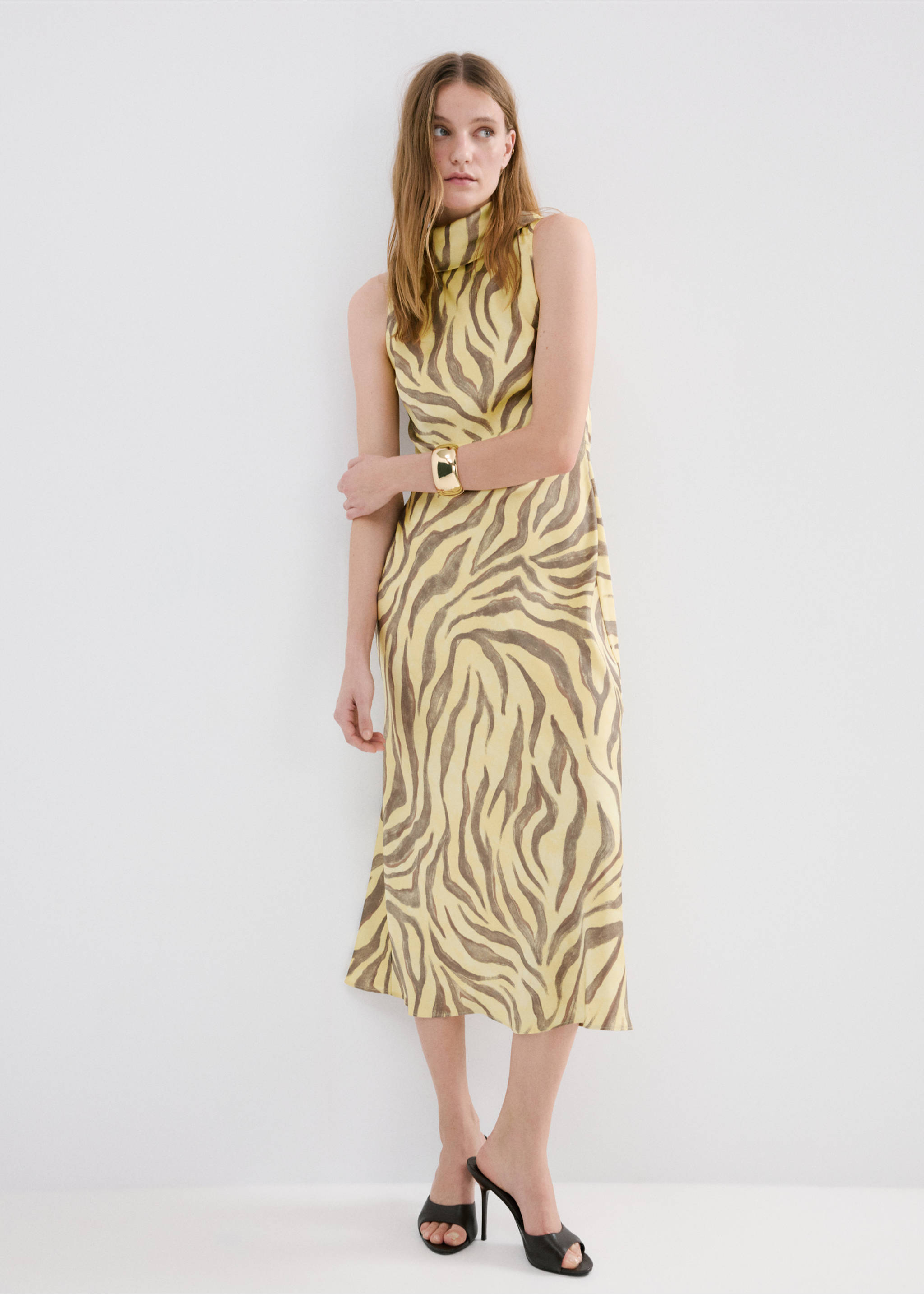 Printed dress with foulard - General plane, Yellow. Ref: 27043305-00.