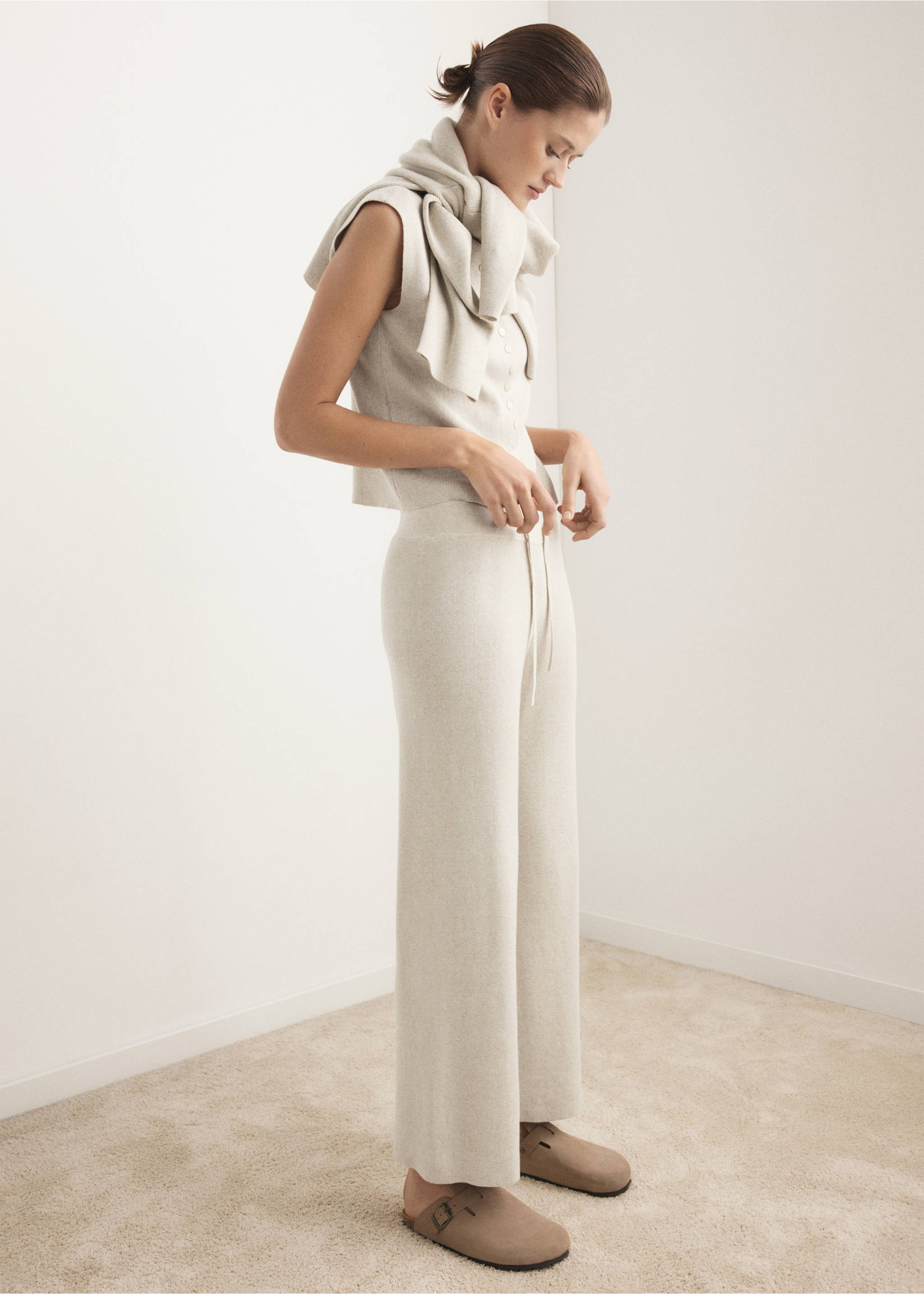 Pantalon long en coton fluide et lin - Plan général, Beige. Ref: 27043318-00.