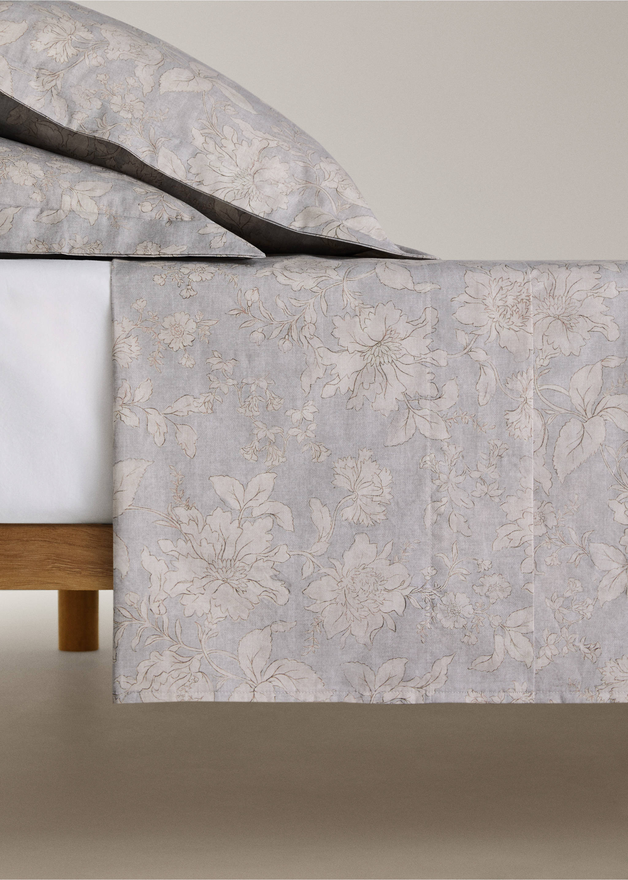 Prześcieradło wierzchnie z bawełnianego perkalu w kwiaty w stylu vintage na łóżko 150/160 cm - Artykuł bez modela/modelki, Jasny / Pastelowy Szary. Ref: 27043325-00.