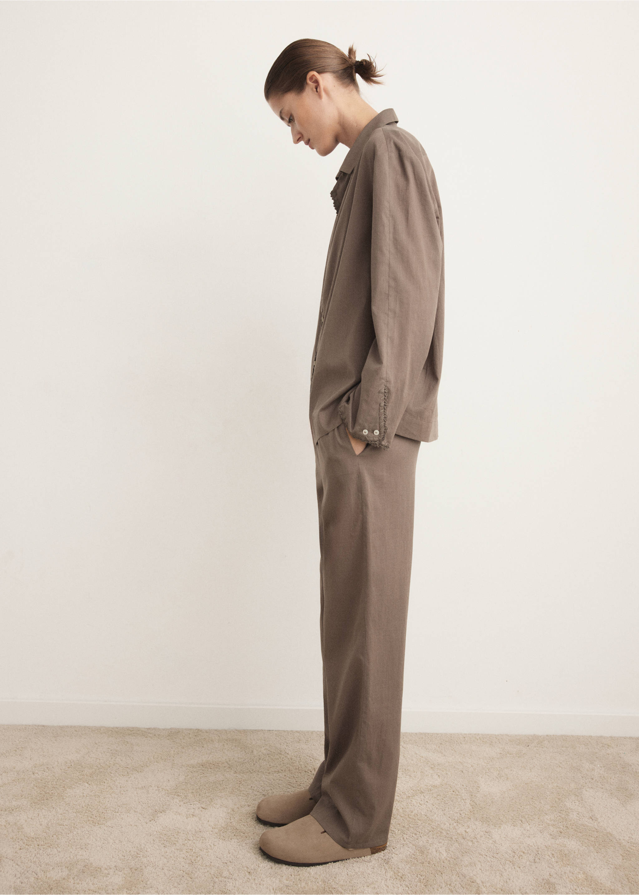 Long cotton pyjama trousers - General plane, Medium Brown. Ref: 27043330-00.