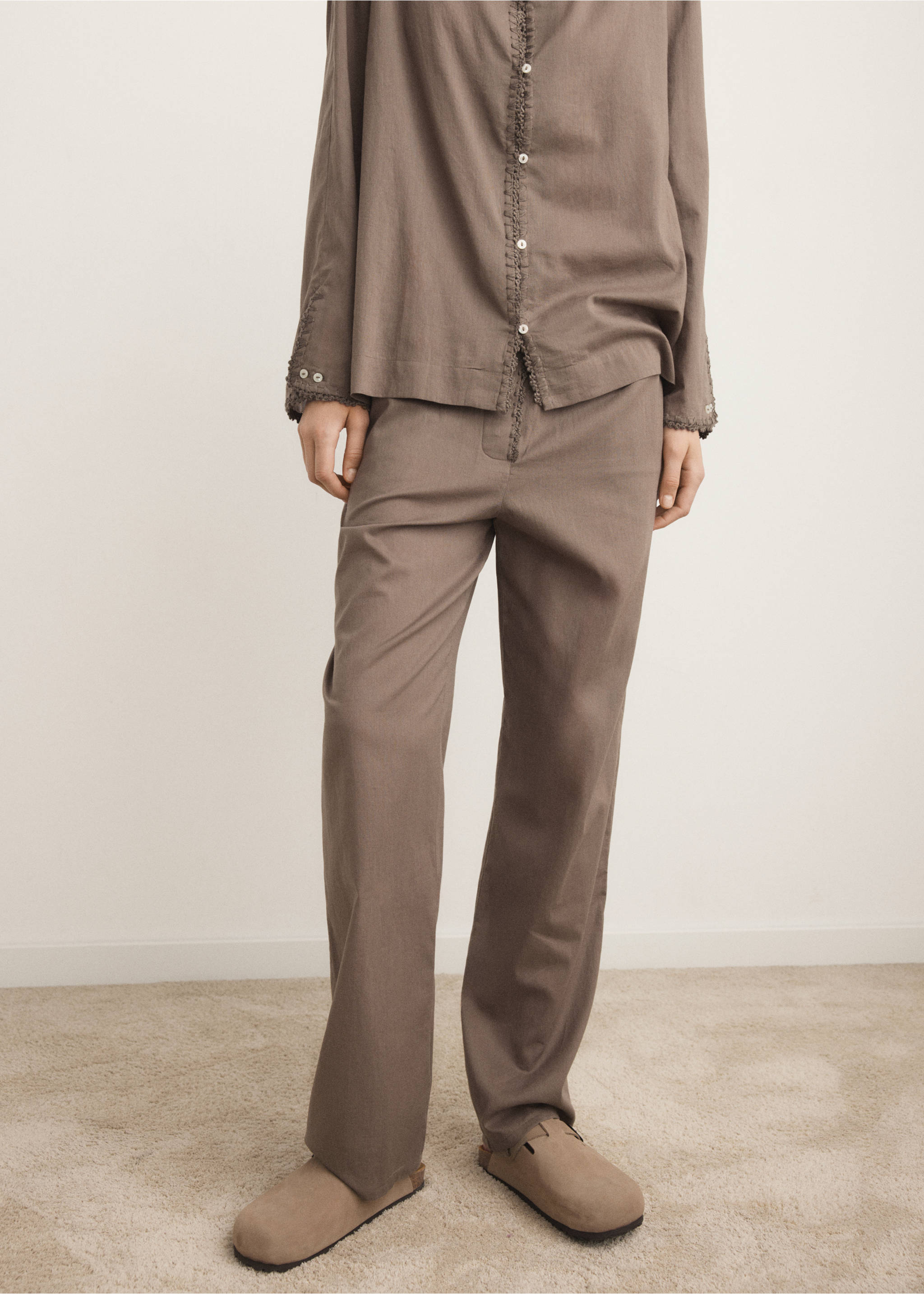 Long cotton pyjama trousers - Medium plane, Medium Brown. Ref: 27043330-00.