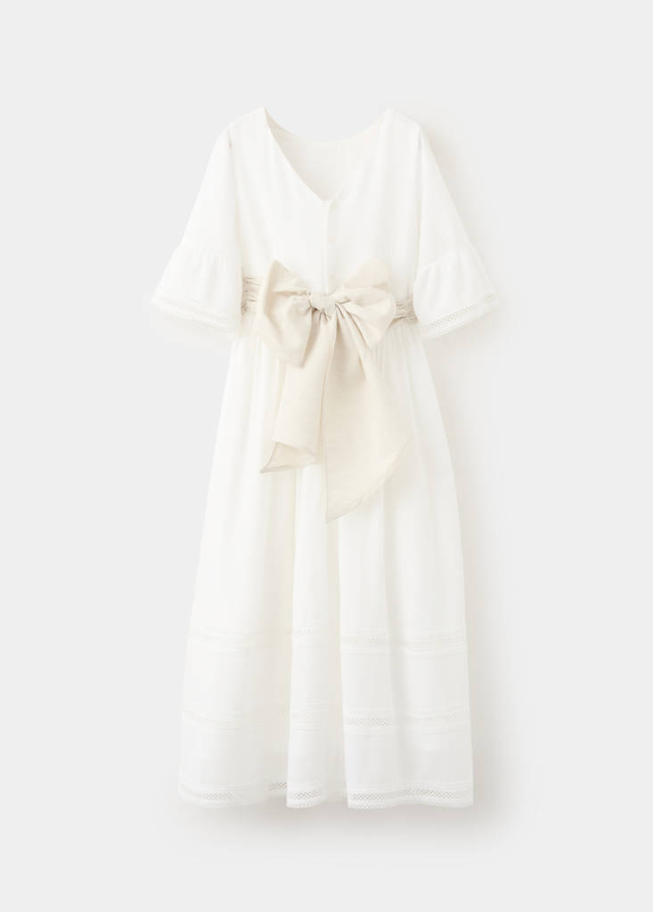 Long linen dress with bow — White