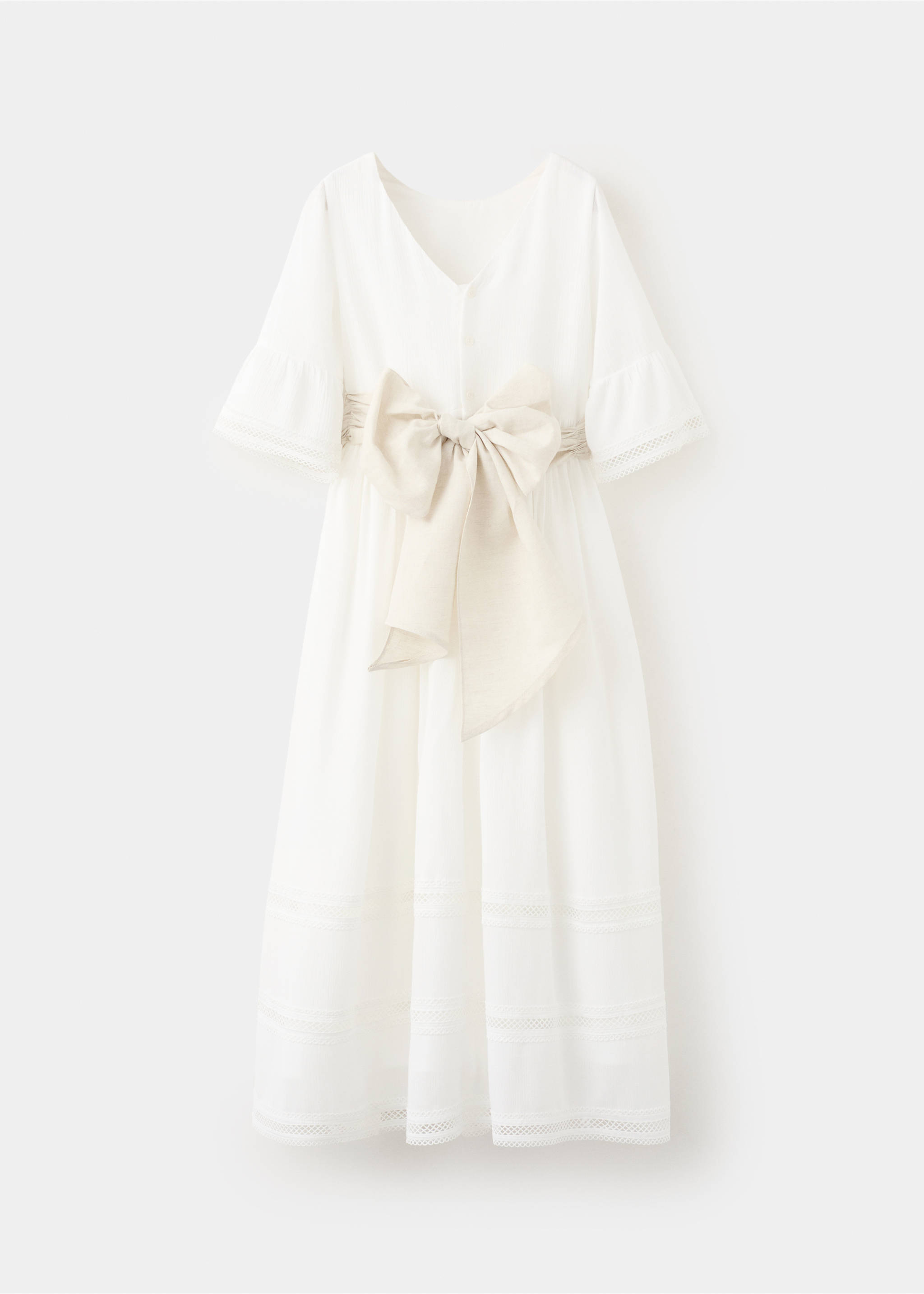 Long linen dress with bow - Reverse of the article, White. Ref: 27043735-00.