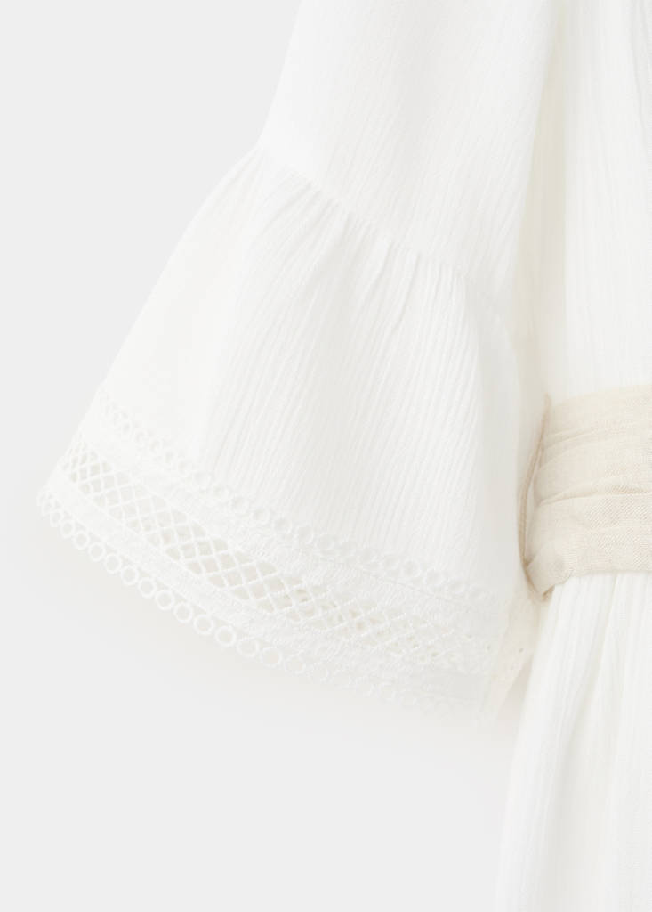 Long linen dress with bow — White