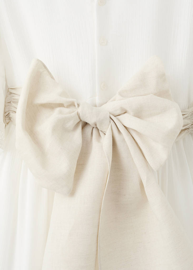 Long linen dress with bow — White