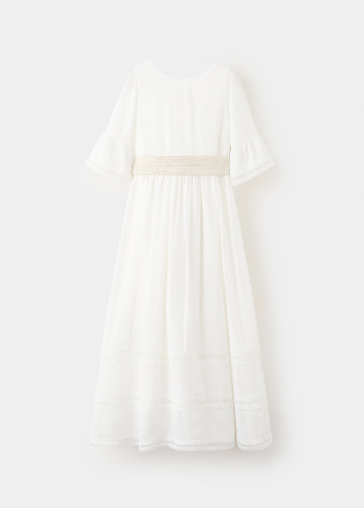 Long linen dress with bow — White
