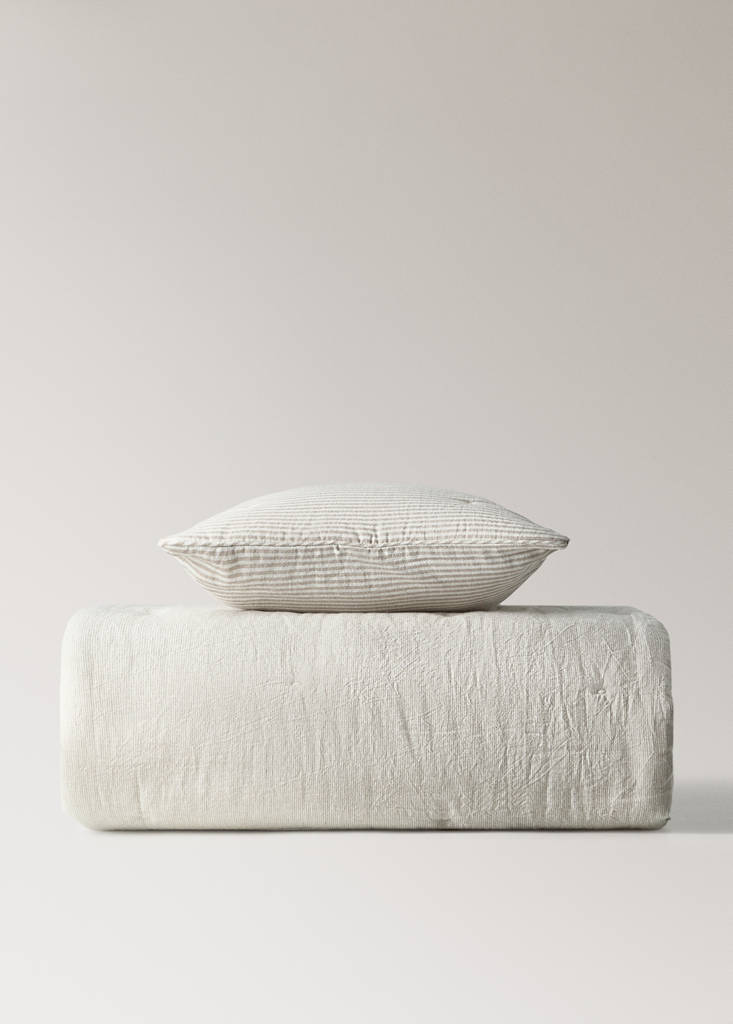 Kinderbettdecke aus Baumwoll-Leinen-Mischung mit Streifen, 90 cm Bett — Sandfarben