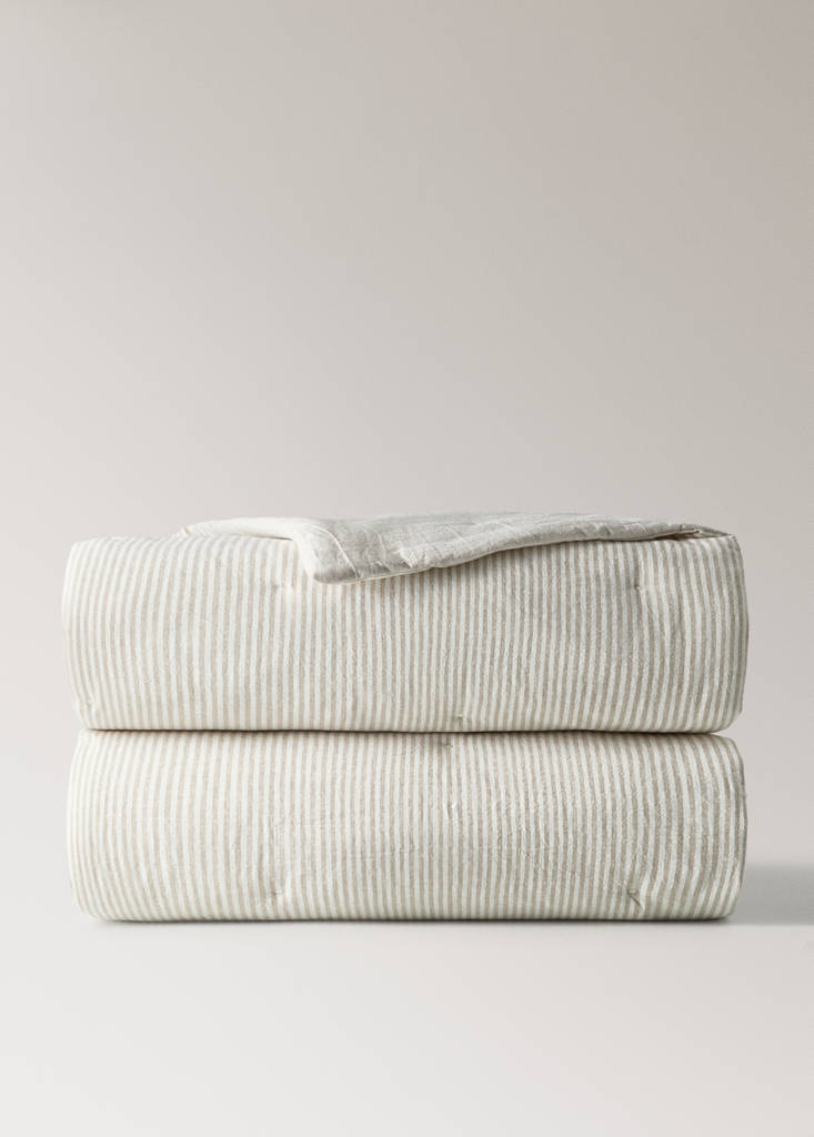 Kinderbettdecke aus Baumwoll-Leinen-Mischung mit Streifen, 90 cm Bett — Sandfarben