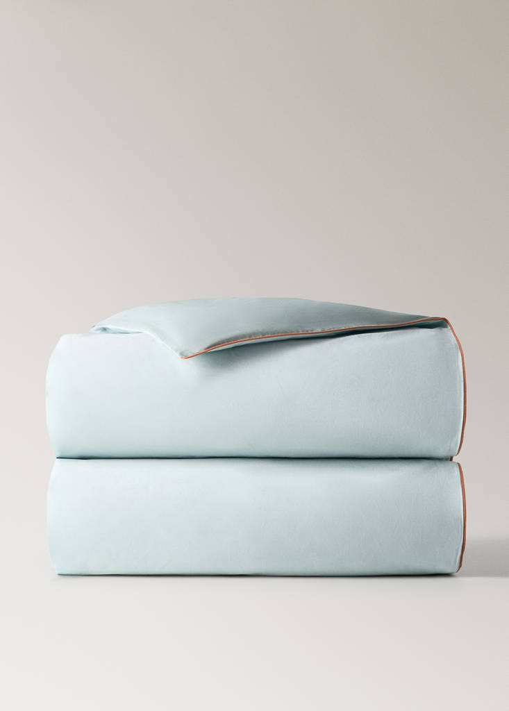 Reversible percale cotton duvet cover with contrasting piping for cot — Aqua Green