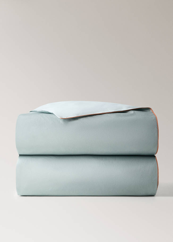 Reversible percale cotton duvet cover with contrasting piping for cot — Aqua Green