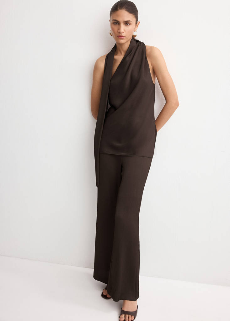 Satin straight-fit trousers — Chocolate