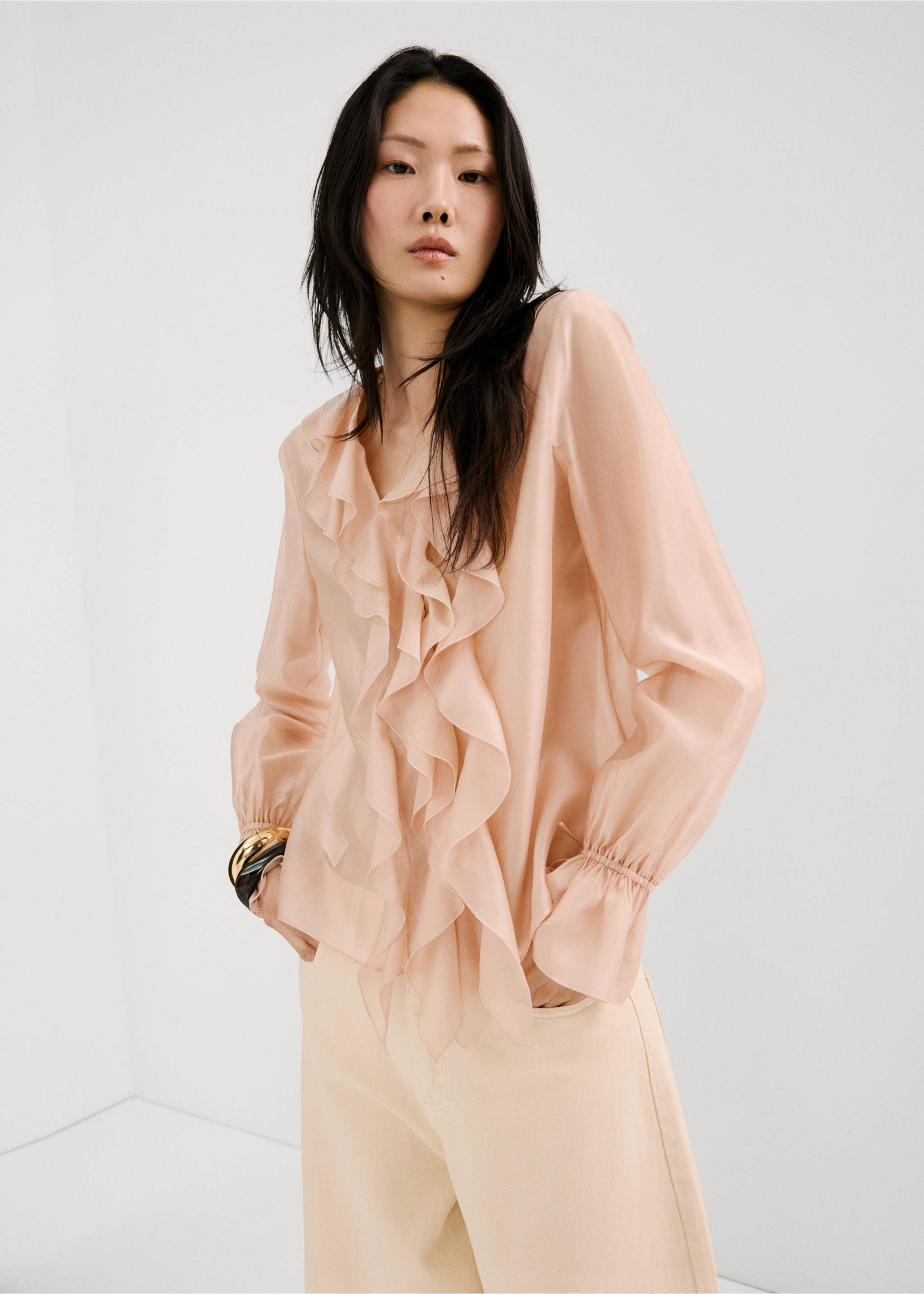 Ruffled lyocell blouse - Medium plane, Pastel Pink. Ref: 27044083-00.