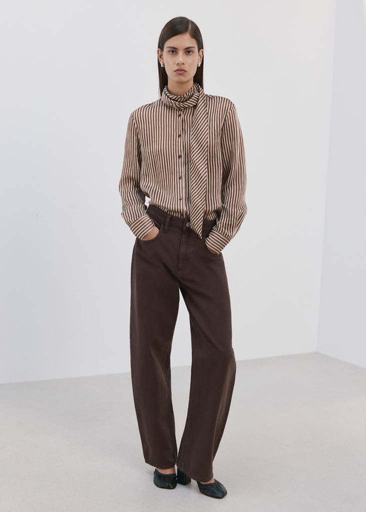 Striped blouse with bow tie neck — Brown