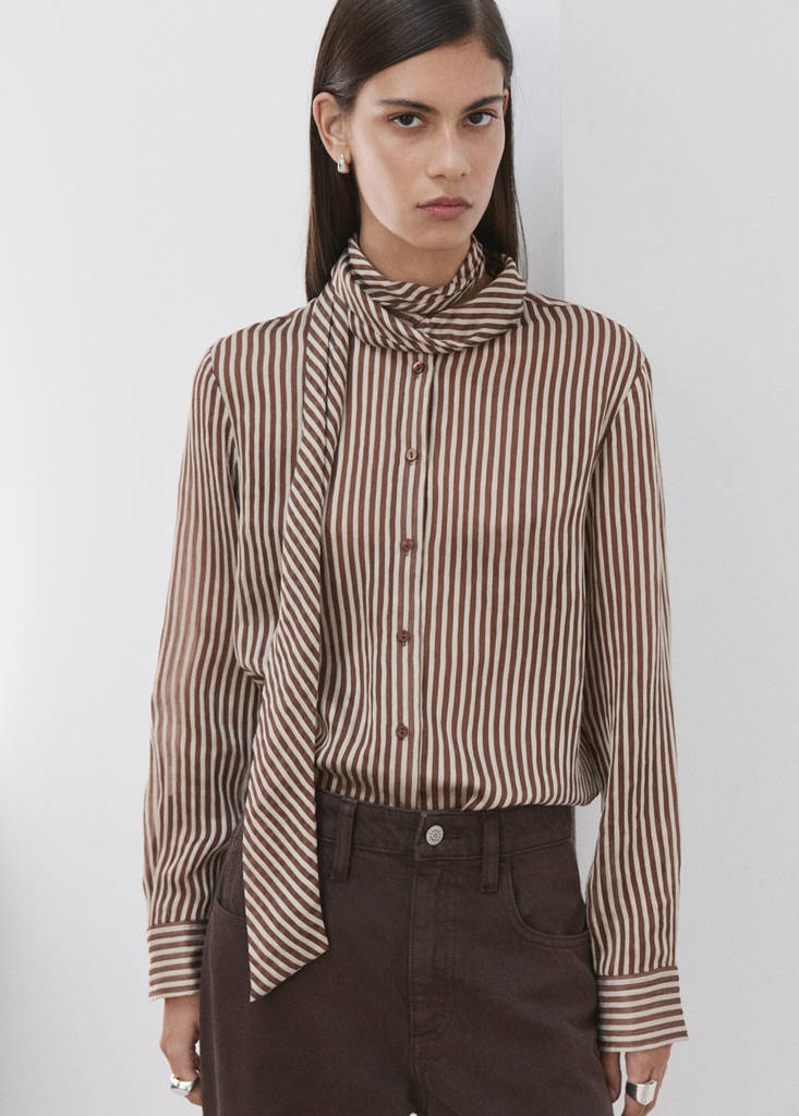 Striped blouse with bow tie neck — Brown