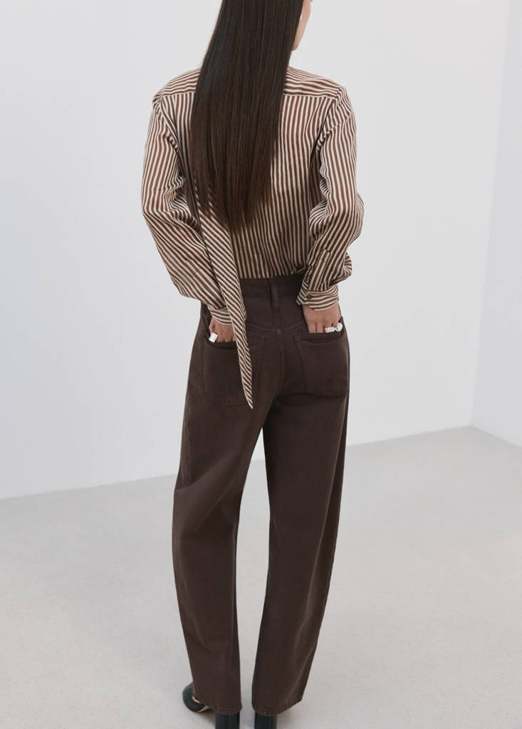 Striped blouse with bow tie neck — Brown