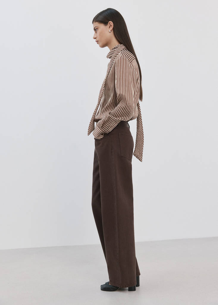 Striped blouse with bow tie neck — Brown