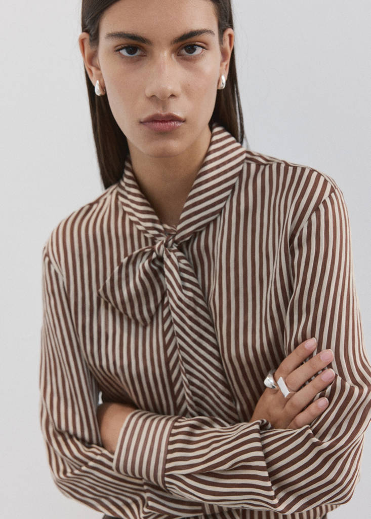 Striped blouse with bow tie neck — Brown