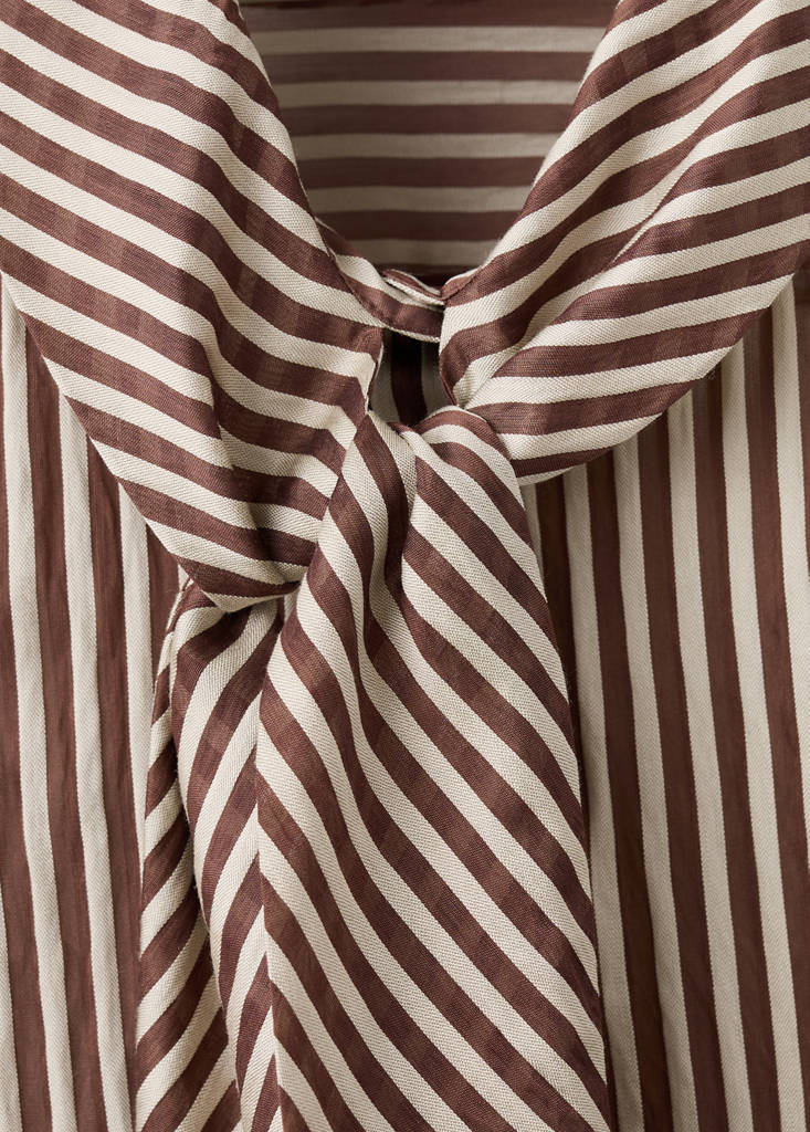 Striped blouse with bow tie neck — Brown