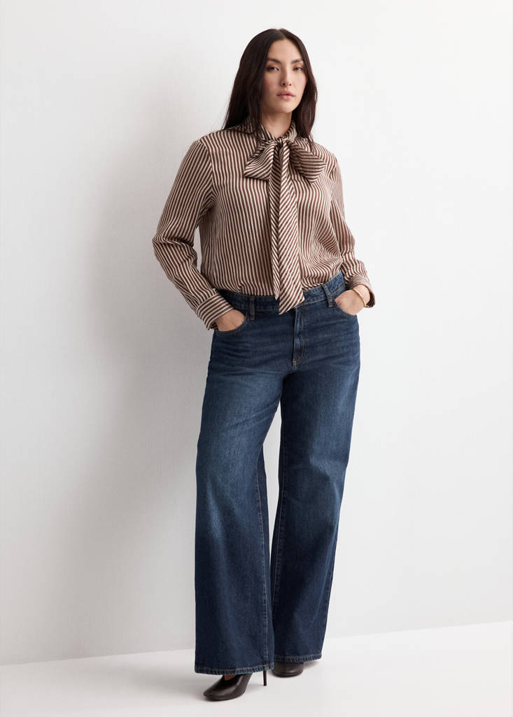 Striped blouse with bow tie neck — Brown