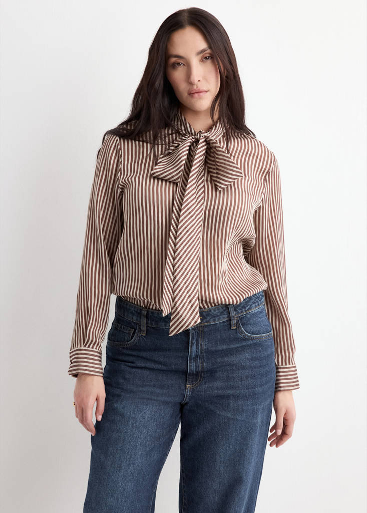 Striped blouse with bow tie neck — Brown