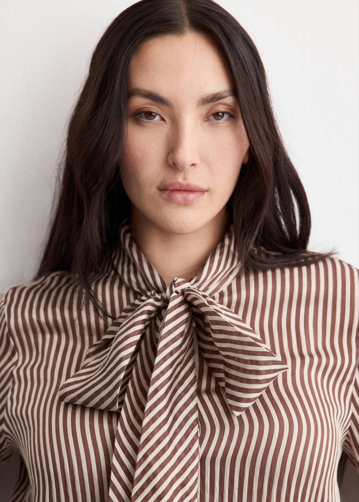 Striped blouse with bow tie neck — Brown