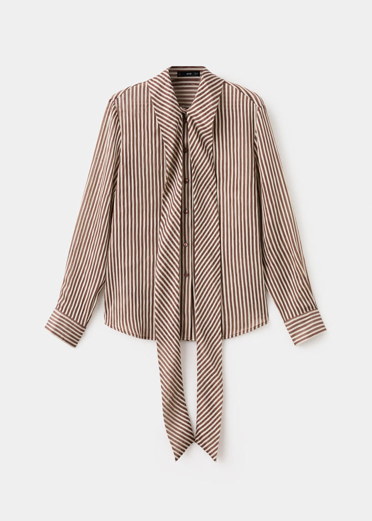 Striped blouse with bow tie neck — Brown