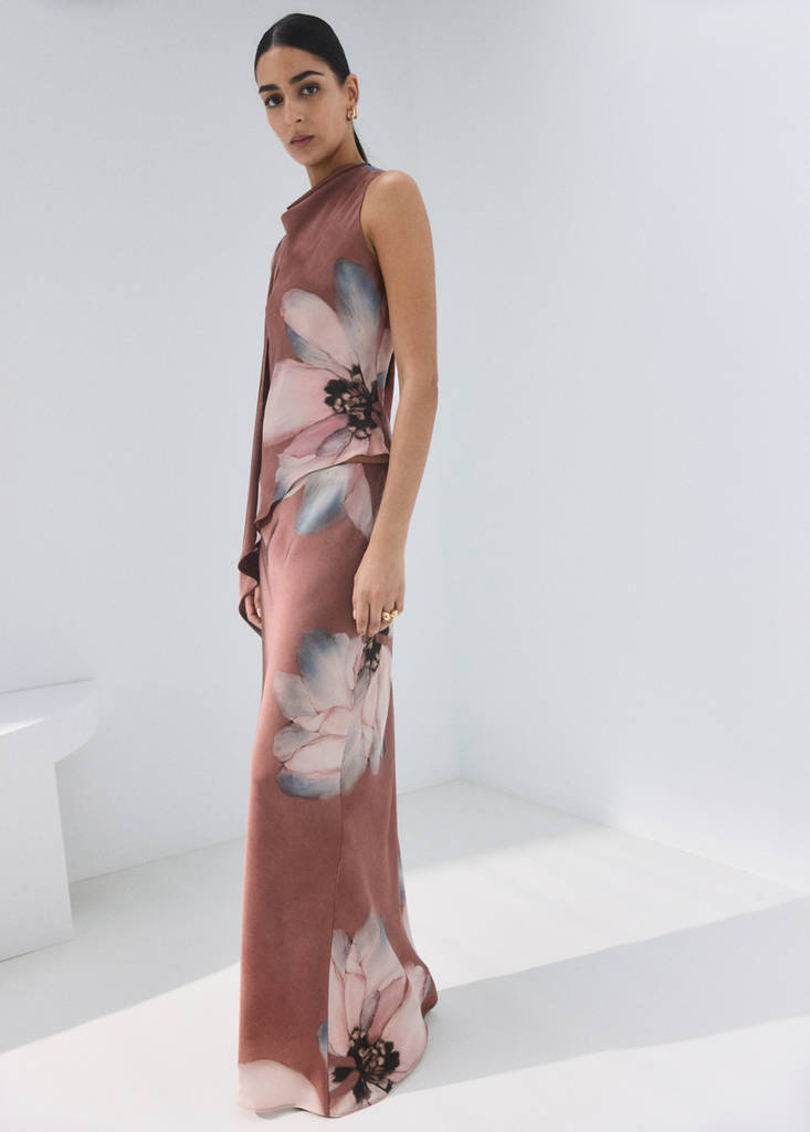 Floral-print long skirt — Pastel Pink