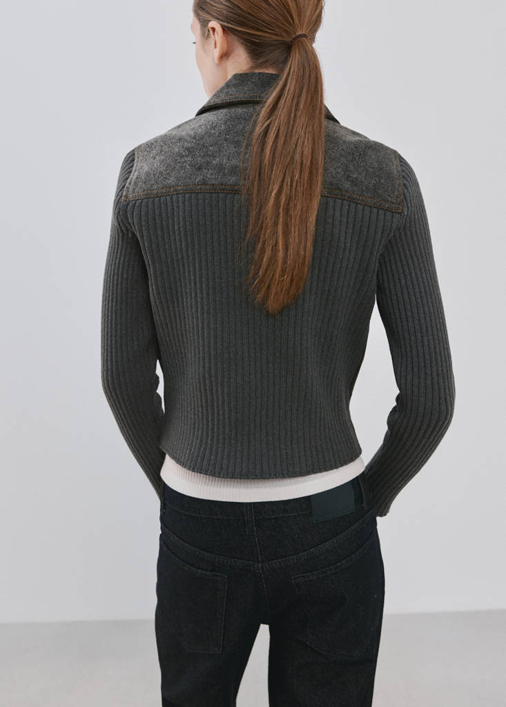 Knitted jacket with combined fabrics — Charcoal