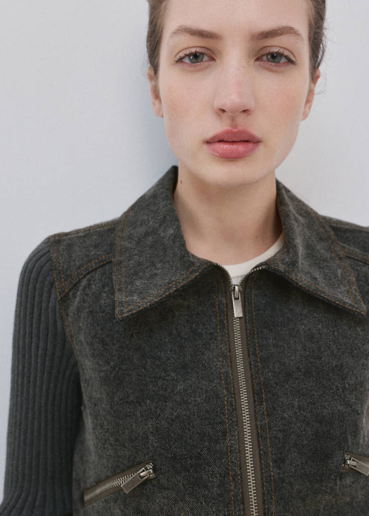 Knitted jacket with combined fabrics — Charcoal