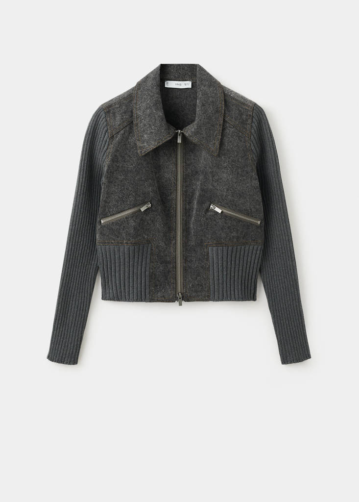 Knitted jacket with combined fabrics — Charcoal