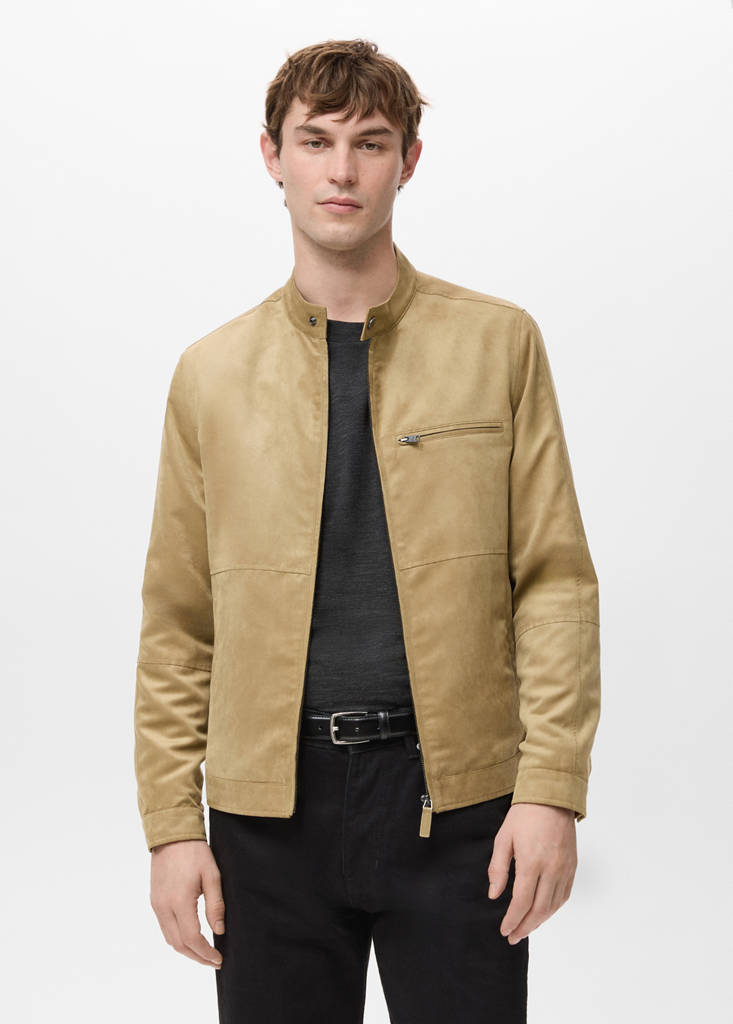 Suede-effect biker jacket — Beige