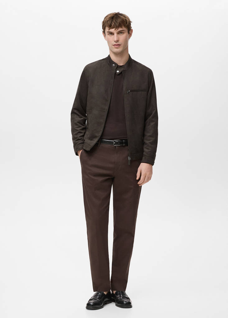 Suede-effect biker jacket — Brown