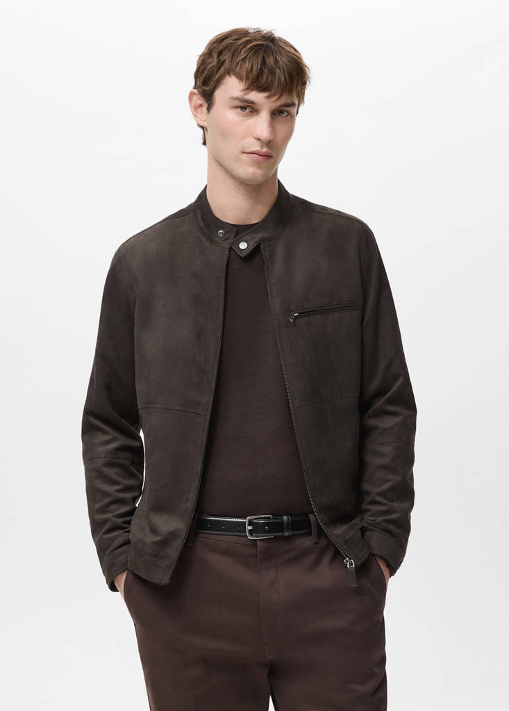 Suede-effect biker jacket — Brown